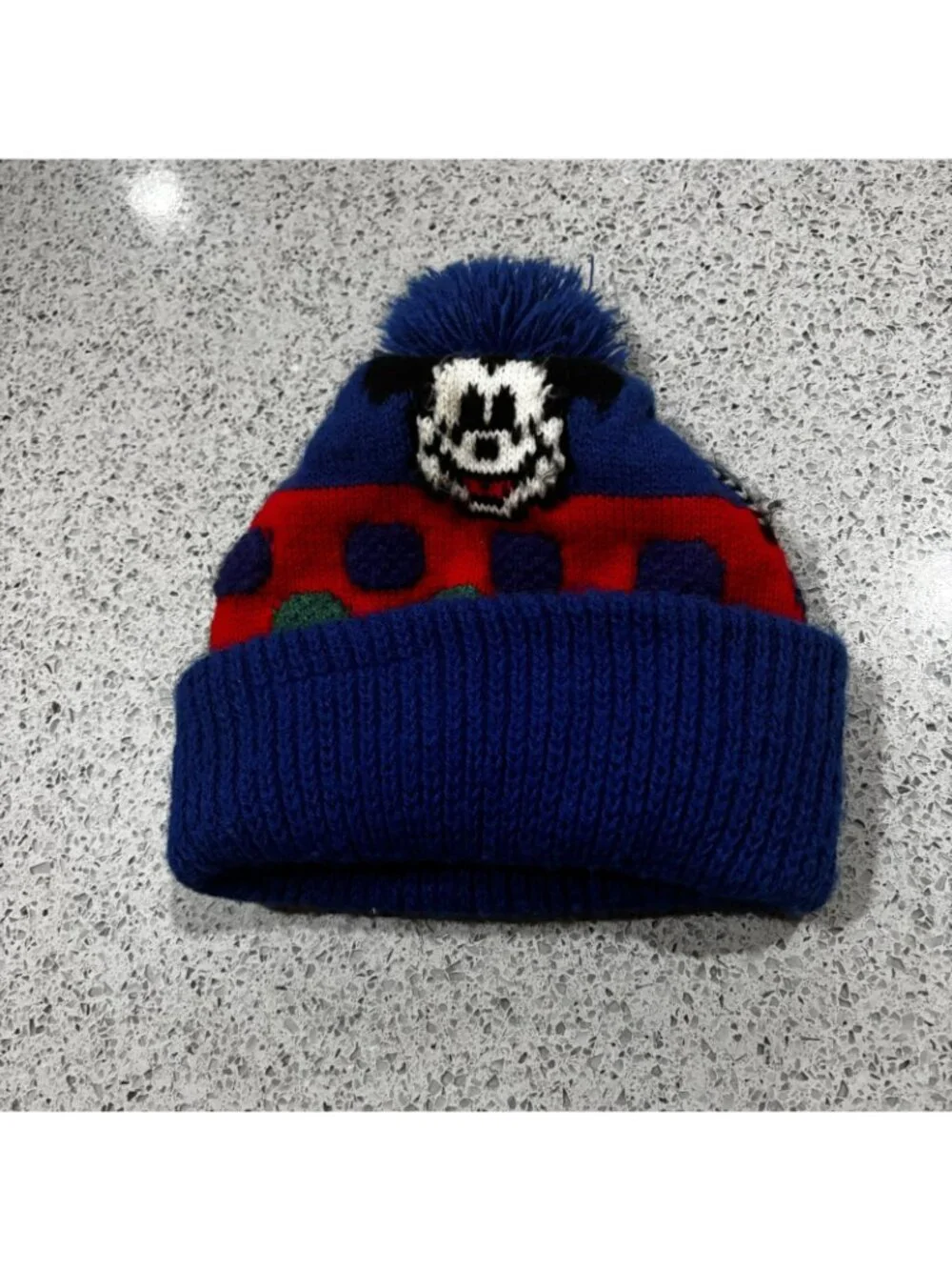 Vintage 80s Mickey Mouse Hat Stocking Cap Winter One Size Blue Pompom Gift